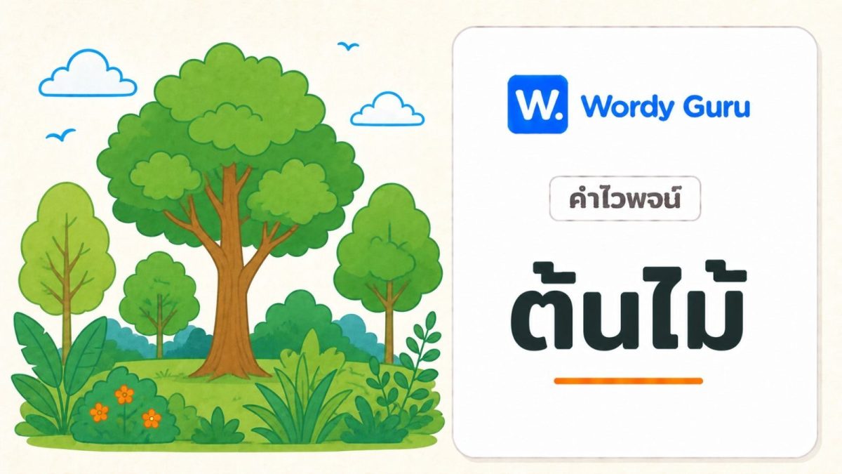 การ์ดคำไวพจน์ต้นไม้ ภาพแนวแบนโทนอุ่น พร้อม wordmark Wordy Guru และคำว่า ต้นไม้ ในกรอบการ์ดโทนอ่อน