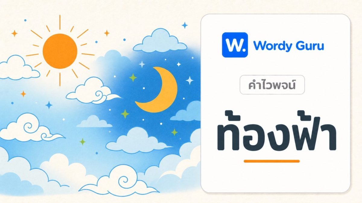 การ์ดคำไวพจน์ท้องฟ้า ภาพแนวแบนโทนอุ่น พร้อม wordmark Wordy Guru และคำว่า ท้องฟ้า ในกรอบการ์ดโทนอ่อน