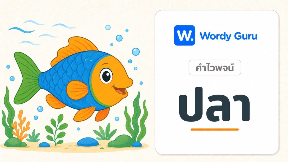 การ์ดคำไวพจน์ปลา ภาพปลาแนวแบนโทนอุ่น พร้อม wordmark Wordy Guru และคำว่า ปลา ในกรอบการ์ดโทนอ่อน