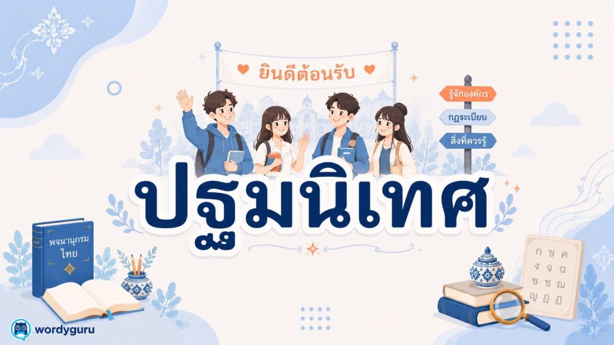 การ์ดความรู้คำว่า ปฐมนิเทศ หมายถึง การแนะนำต้อนรับผู้เริ่มเรียนหรือเริ่มงานใหม่ พร้อมภาพเวทีต้อนรับและผู้เข้าร่วมติดป้ายชื่อ สไตล์ WordyGuru