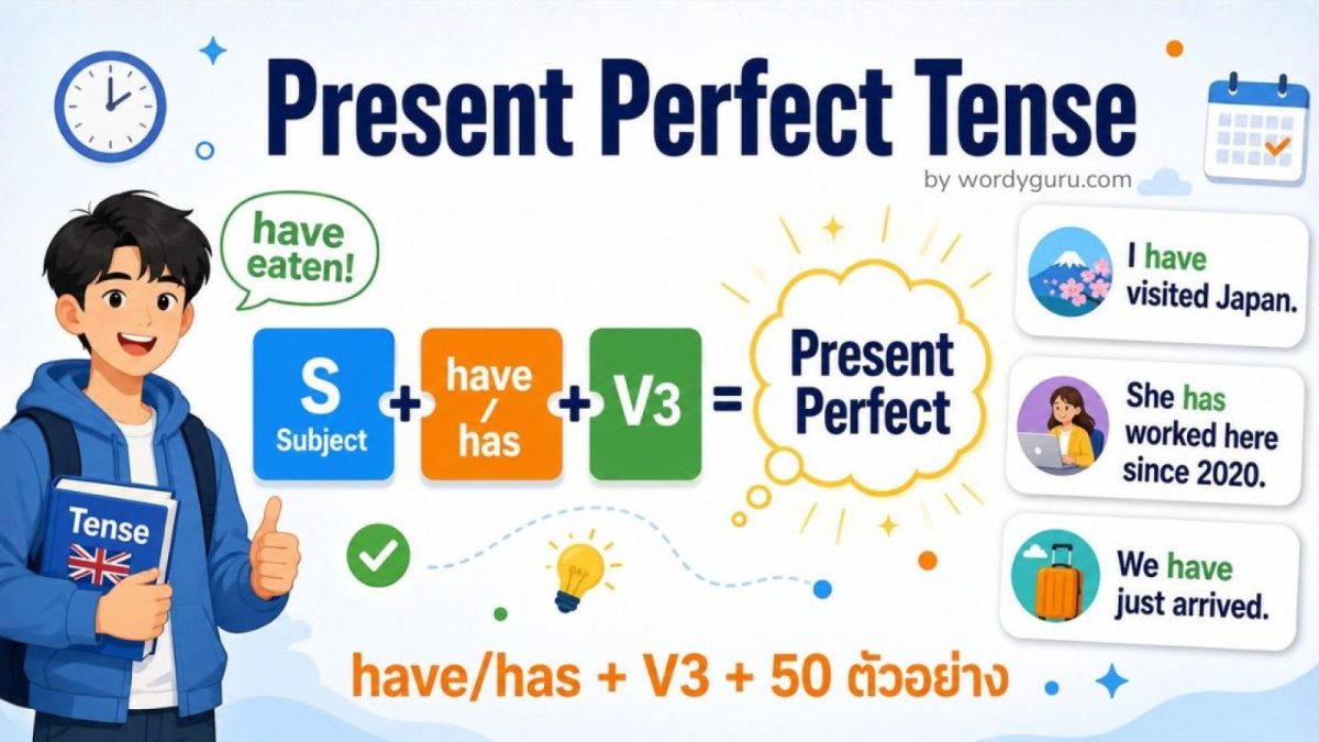 Present Perfect Tense + V3 โครงสร้าง have/has + V3 พร้อมตัวอย่างประโยค