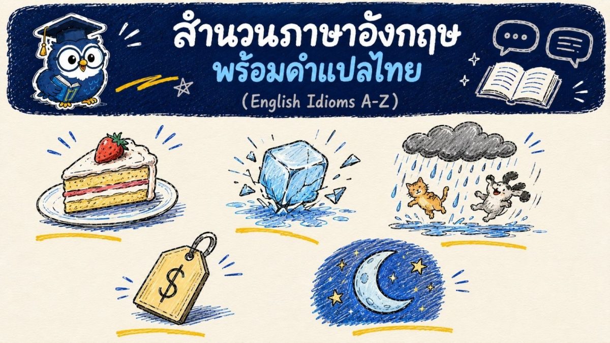 อินโฟกราฟิกสำนวนภาษาอังกฤษพร้อมคำแปลไทย รวมสำนวนยอดนิยมเช่น piece of cake และ break the ice พร้อมภาพประกอบ เรียง A-Z