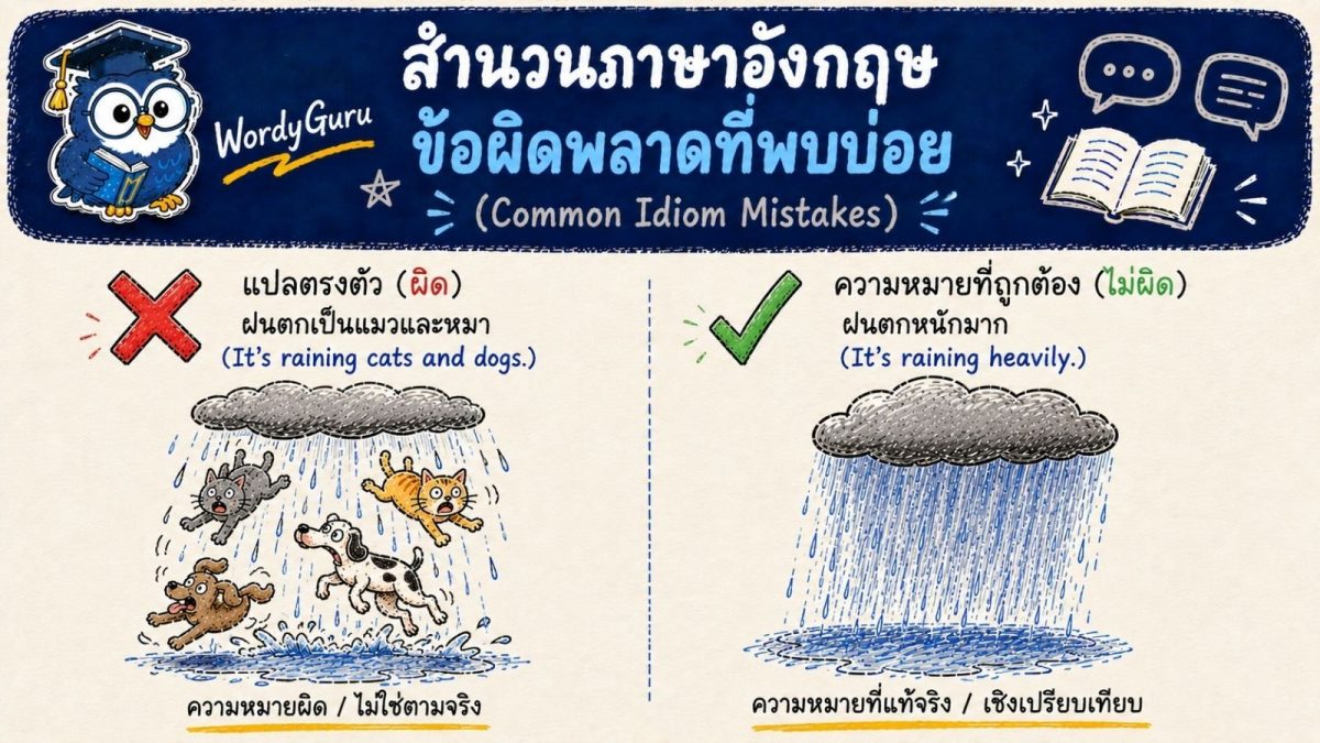 อินโฟกราฟิกข้อผิดพลาดที่พบบ่อยเมื่อใช้สำนวนภาษาอังกฤษ พร้อมวิธีแก้ สไตล์วาดมือ