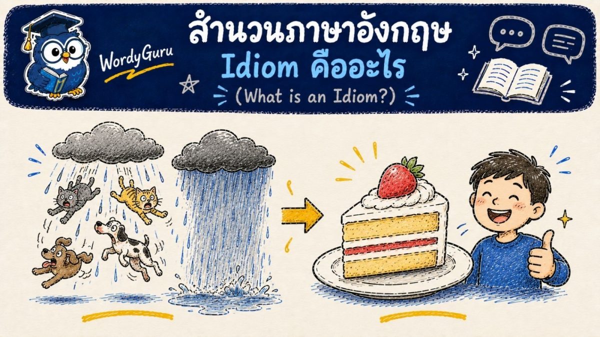 อินโฟกราฟิกอธิบายว่าสำนวนภาษาอังกฤษหรือ idiom คืออะไร พร้อมภาพประกอบสไตล์วาดมือและคำแปลไทย