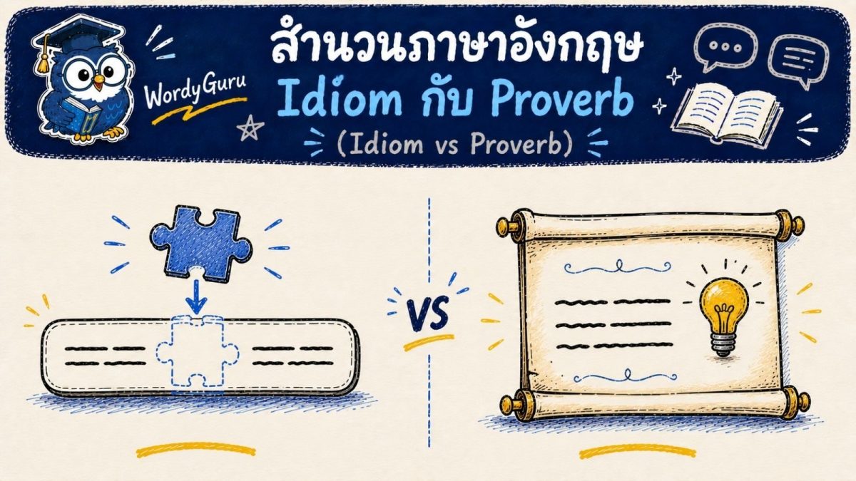 อินโฟกราฟิกเปรียบเทียบสำนวนกับสุภาษิตภาษาอังกฤษ แสดงความต่างระหว่าง idiom และ proverb สไตล์วาดมือ