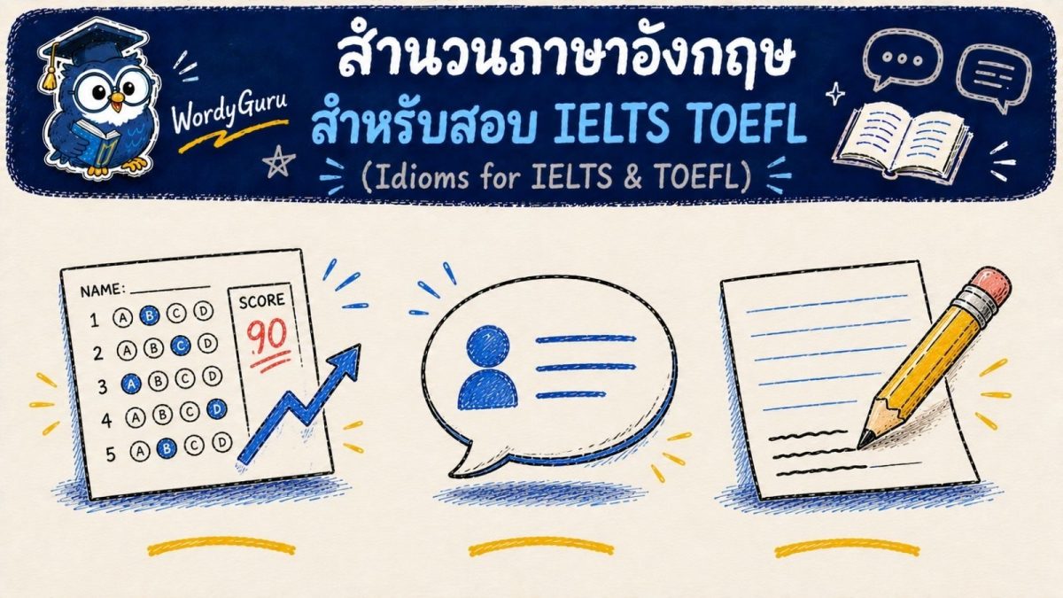 อินโฟกราฟิกการใช้สำนวนภาษาอังกฤษสำหรับสอบ IELTS และ TOEFL สไตล์วาดมือ