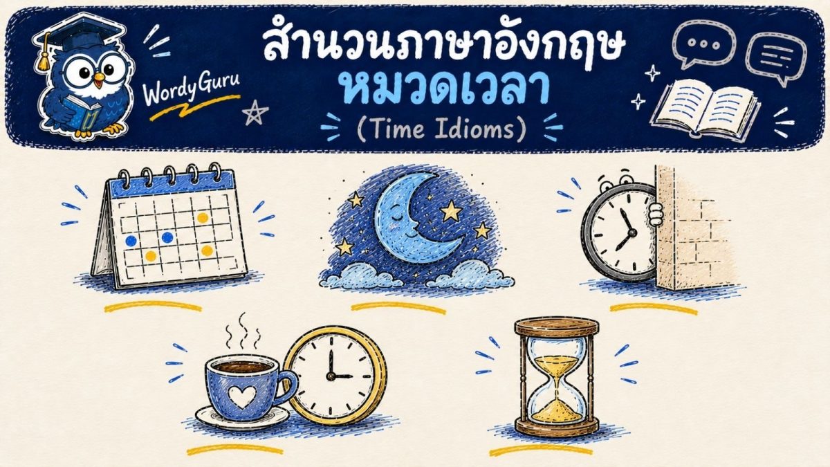 อินโฟกราฟิกสำนวนภาษาอังกฤษเกี่ยวกับเวลา รวมสำนวนเช่น from time to time และ once in a blue moon พร้อมภาพประกอบและคำแปลไทย