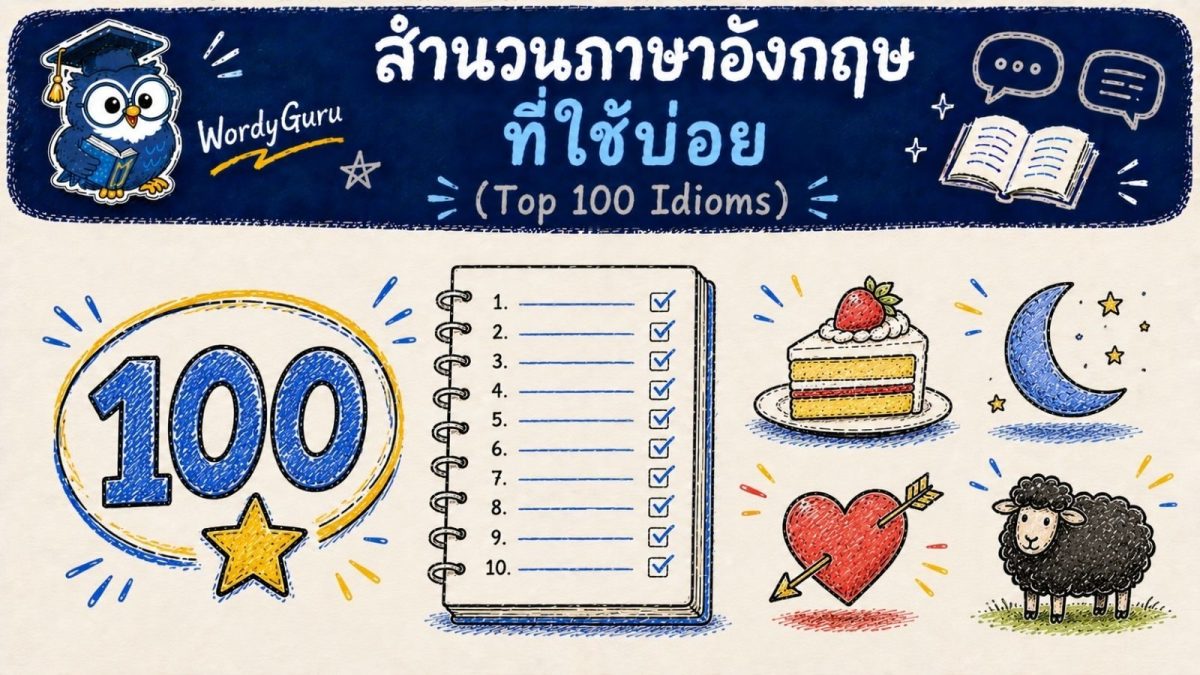 อินโฟกราฟิกรวม 100 สำนวนภาษาอังกฤษที่ใช้บ่อย พร้อมคำแปลไทย สไตล์วาดมือ