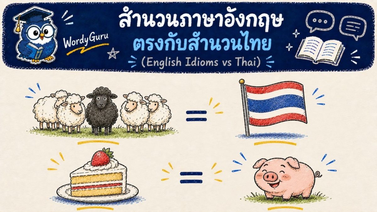 อินโฟกราฟิกเทียบสำนวนภาษาอังกฤษกับสำนวนไทยที่ความหมายตรงกัน เช่น black sheep และแกะดำ สไตล์วาดมือ
