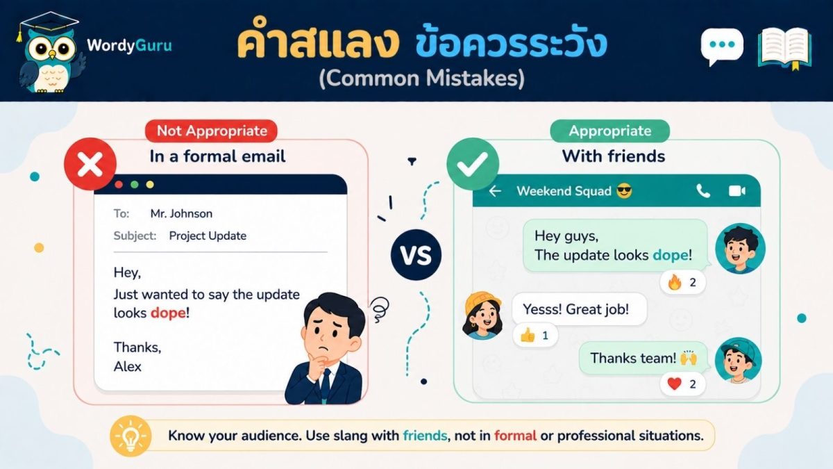 ภาพปกข้อควรระวังในการใช้คำสแลงภาษาอังกฤษ slang mistakes สไตล์แชตบับเบิล สไตล์ WordyGuru