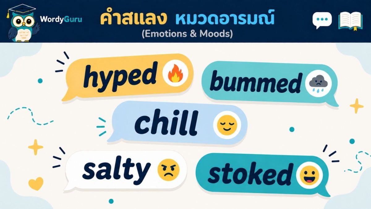 ภาพปกคำสแลงภาษาอังกฤษหมวดอารมณ์ emotions slang สไตล์แชตบับเบิล สไตล์ WordyGuru