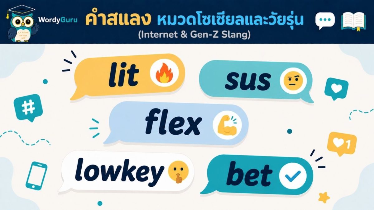 ภาพปกคำสแลงภาษาอังกฤษหมวดโซเชียลและวัยรุ่น internet slang สไตล์แชตบับเบิล สไตล์ WordyGuru