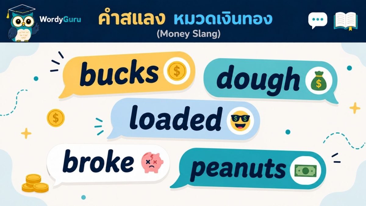 ภาพปกคำสแลงภาษาอังกฤษหมวดเงินทอง money slang สไตล์แชตบับเบิล สไตล์ WordyGuru