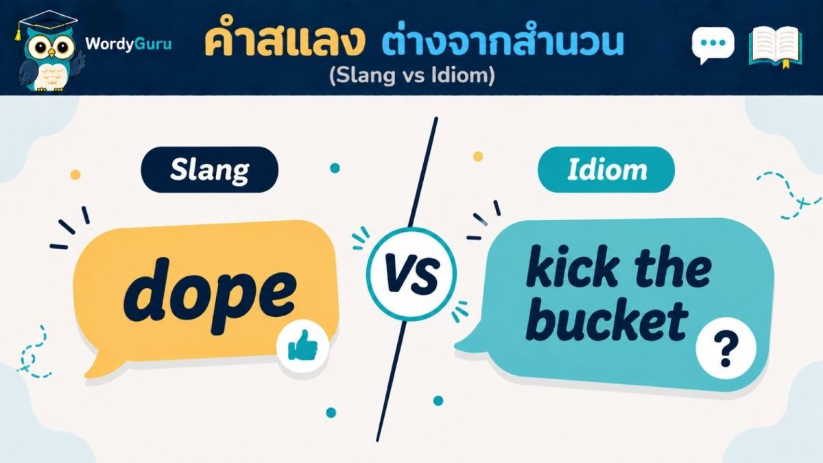 ภาพปกเปรียบเทียบคำสแลงกับสำนวนภาษาอังกฤษ slang vs idiom สไตล์แชตบับเบิล สไตล์ WordyGuru