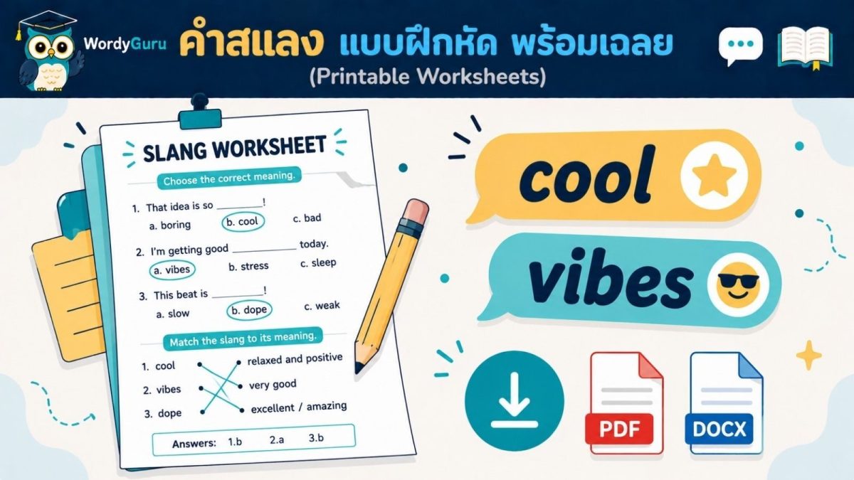 ภาพปกแบบฝึกหัดคำสแลงภาษาอังกฤษพร้อมเฉลย english slang สไตล์แชตบับเบิล สไตล์ WordyGuru