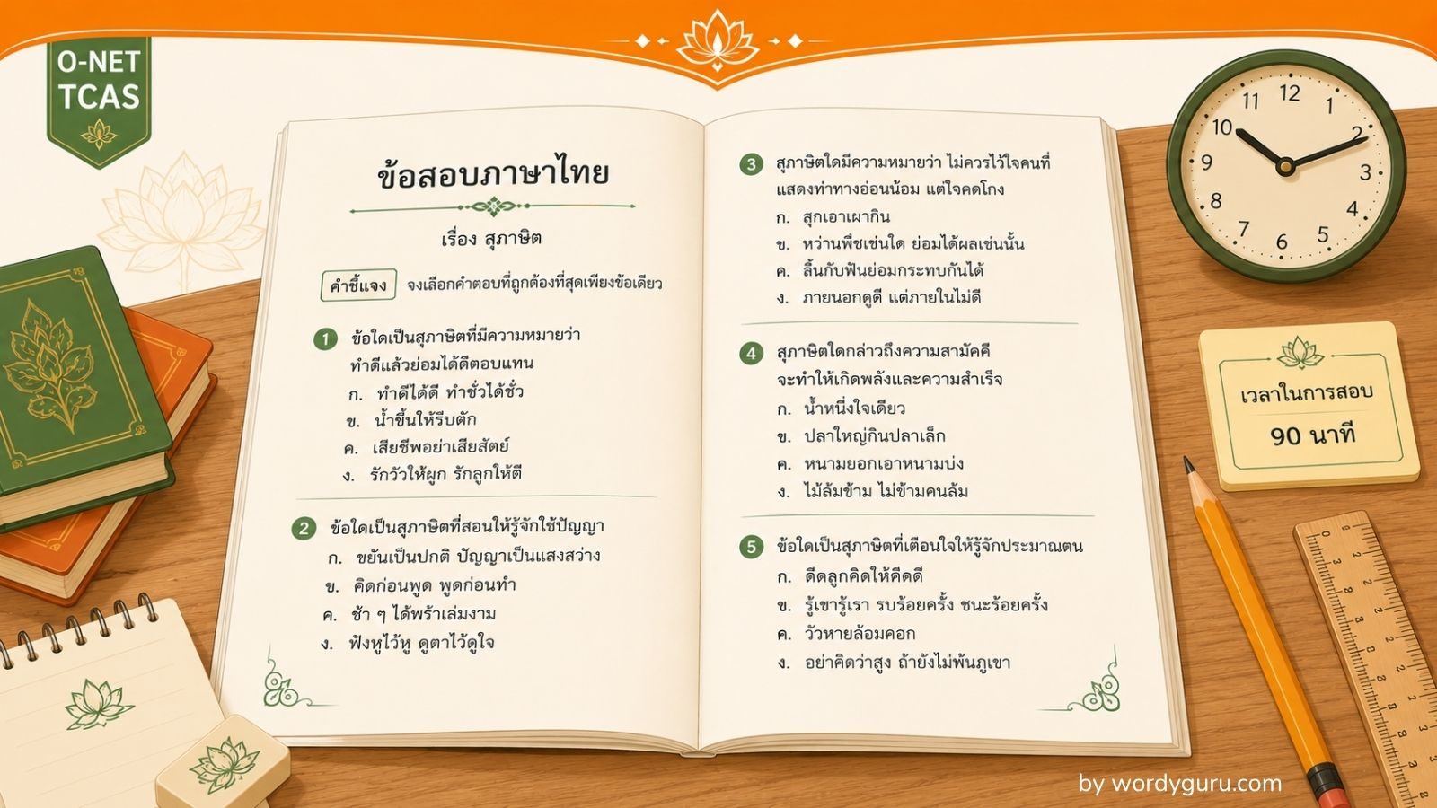 สุภาษิตออกข้อสอบ · 30 บทยอดนิยมพร้อมตัวอย่างจริงและเทคนิคทำข้อสอบ