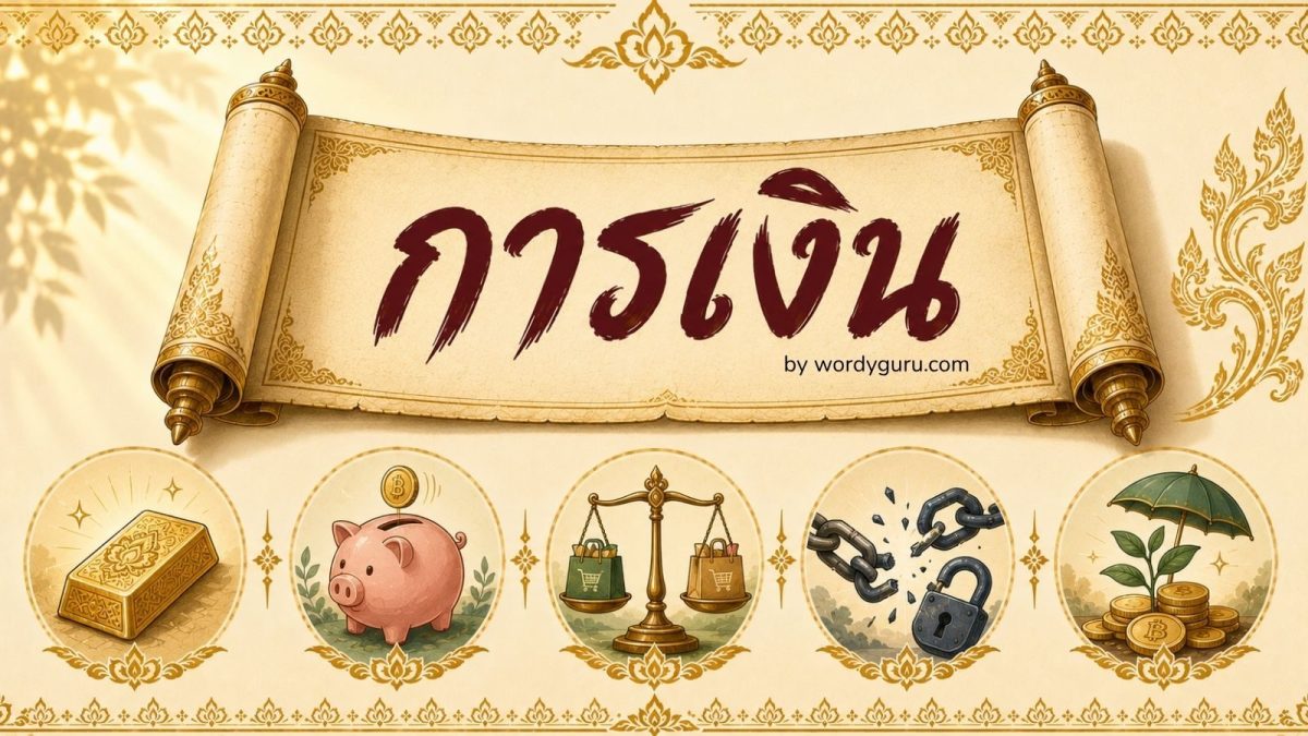 ภาพประจำหน้าคลังสุภาษิตเกี่ยวกับการเงินของไทย - ม้วนกระดาษคำสอนการเงินพร้อมไอคอน 5 หมวด คุณค่าเงิน การออม การใช้จ่าย หนี้สิน การลงทุน