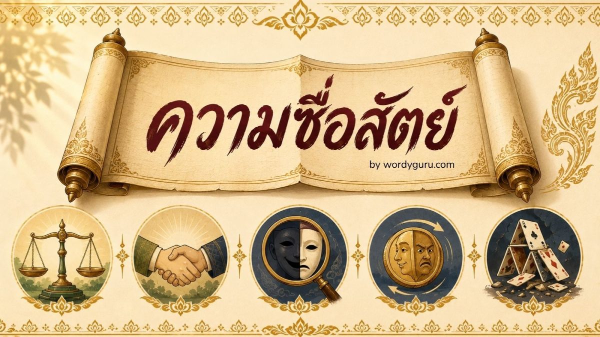 ภาพประจำหน้าคลังสุภาษิตเกี่ยวกับความซื่อสัตย์ของไทย - ม้วนกระดาษคำสอนความซื่อสัตย์พร้อมไอคอน 5 หมวด ซื่อสัตย์เป็นทรัพย์ ปากตรงกับใจ ระวังคนคด คนกลับกลอก ผลของการโกง