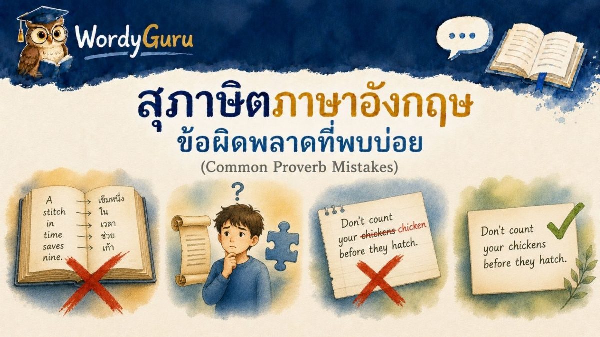 อินโฟกราฟิกข้อผิดพลาดที่พบบ่อยในการใช้สุภาษิตภาษาอังกฤษ พร้อมวิธีแก้ สไตล์วาดมือ สไตล์ WordyGuru