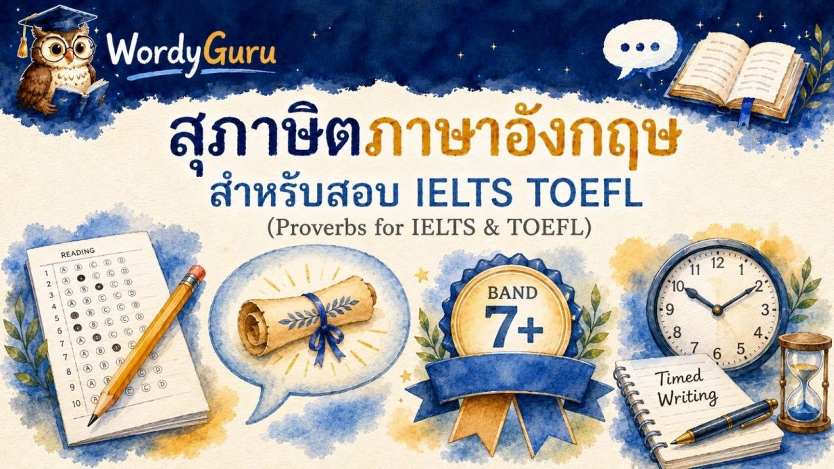 อินโฟกราฟิกสุภาษิตภาษาอังกฤษสำหรับการสอบ IELTS และ TOEFL สไตล์วาดมือ พร้อมคำแปลไทย สไตล์ WordyGuru