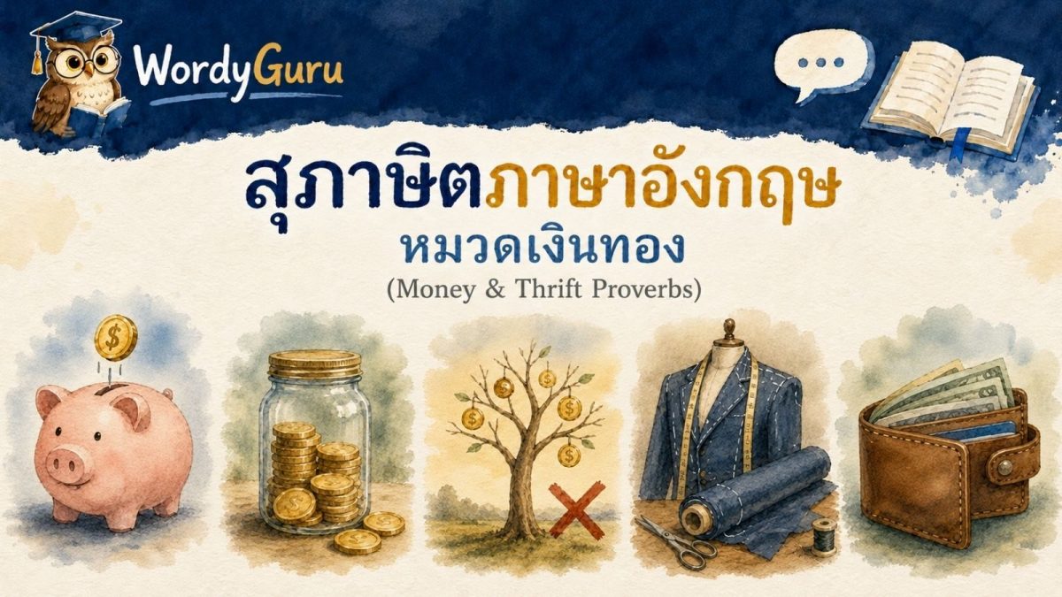 อินโฟกราฟิกสุภาษิตภาษาอังกฤษหมวดเงินทองและความมัธยัสถ์ พร้อมภาพประกอบวาดมือและคำแปลไทย สไตล์ WordyGuru