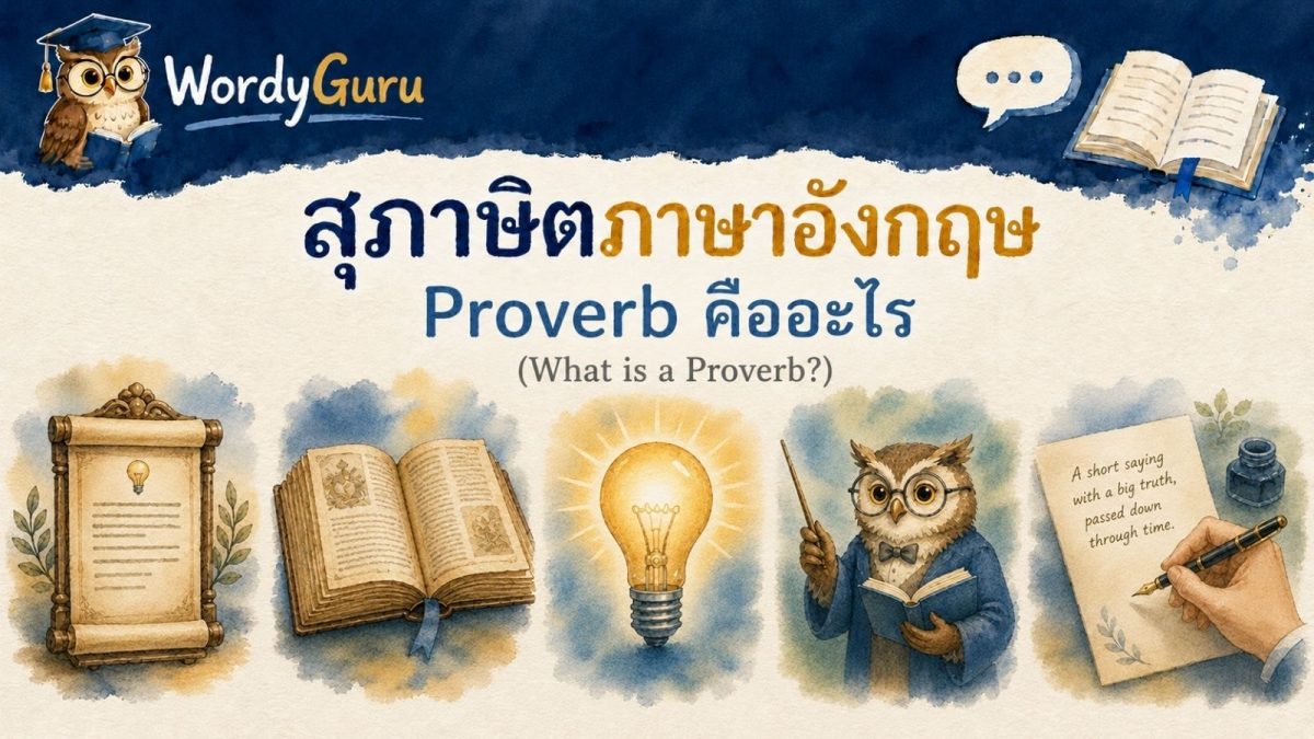 อินโฟกราฟิกอธิบายว่าสุภาษิตภาษาอังกฤษหรือ proverb คืออะไร พร้อมภาพประกอบสไตล์วาดมือและคำแปลไทย สไตล์ WordyGuru