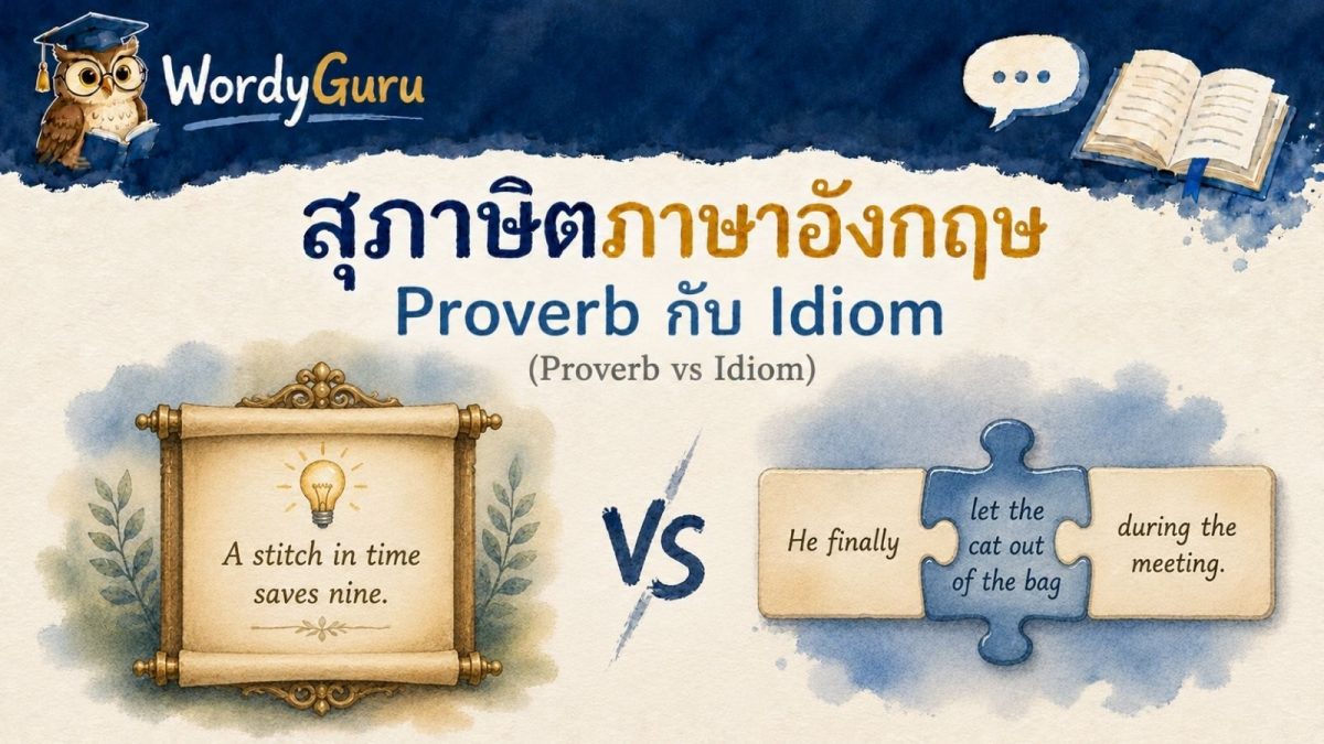 อินโฟกราฟิกเปรียบเทียบสุภาษิตกับสำนวนภาษาอังกฤษ แสดงความต่างระหว่าง proverb และ idiom สไตล์วาดมือ