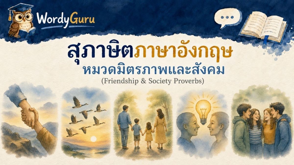 อินโฟกราฟิกสุภาษิตภาษาอังกฤษหมวดมิตรภาพและสังคม พร้อมภาพประกอบวาดมือและคำแปลไทย สไตล์ WordyGuru