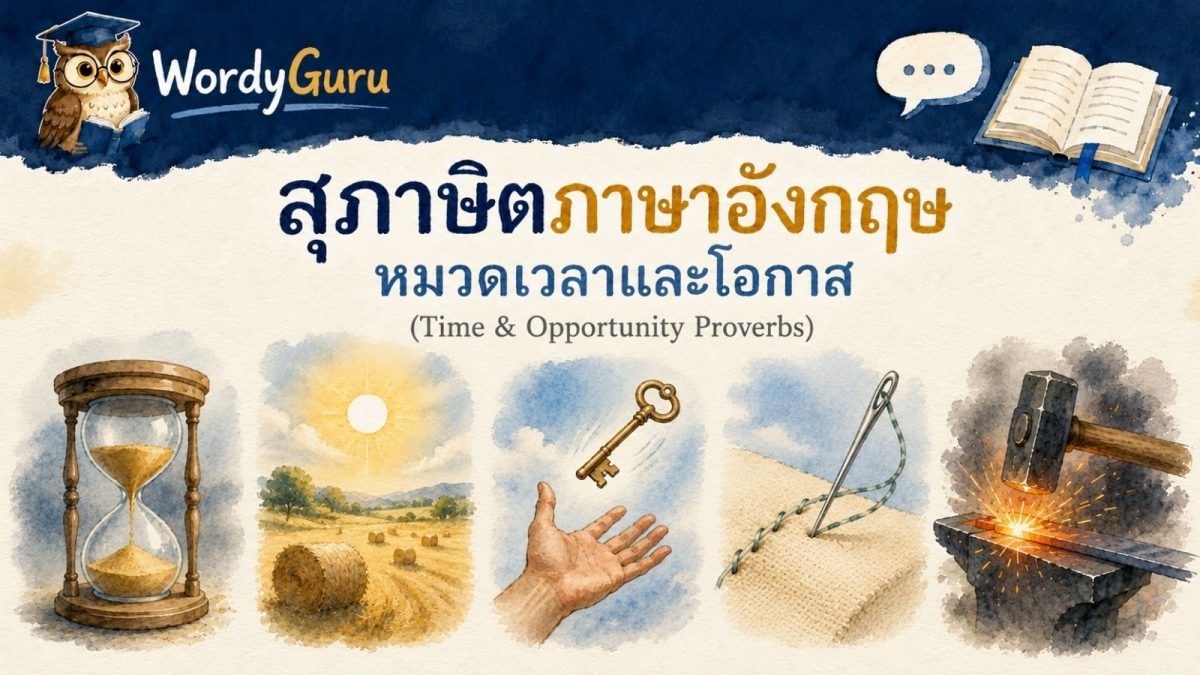 อินโฟกราฟิกสุภาษิตภาษาอังกฤษหมวดเวลาและโอกาส พร้อมภาพประกอบวาดมือและคำแปลไทย สไตล์ WordyGuru