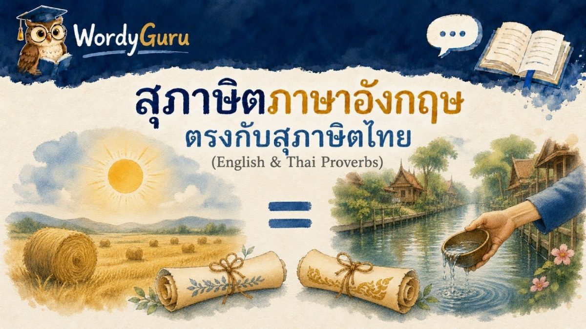 อินโฟกราฟิกจับคู่สุภาษิตภาษาอังกฤษกับสุภาษิตไทยที่ความหมายตรงกัน สไตล์วาดมือ พร้อมคำแปลไทย
