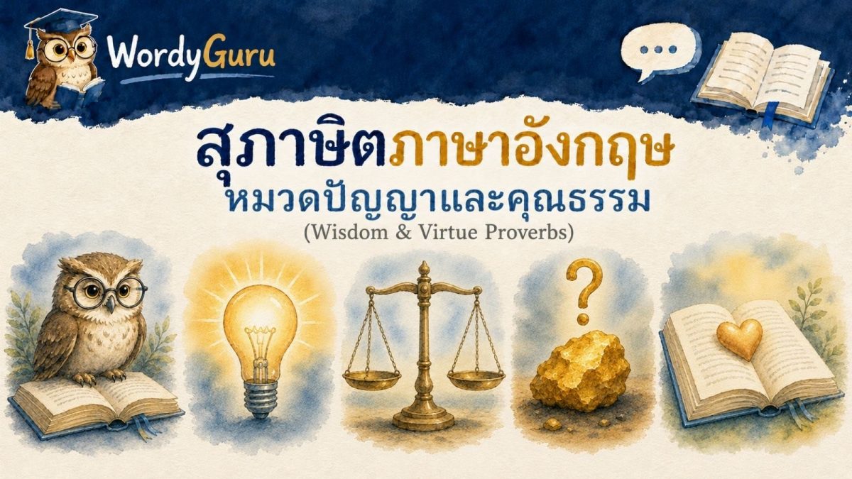 อินโฟกราฟิกสุภาษิตภาษาอังกฤษหมวดปัญญา ความจริง และคุณธรรม พร้อมภาพประกอบวาดมือและคำแปลไทย สไตล์ WordyGuru