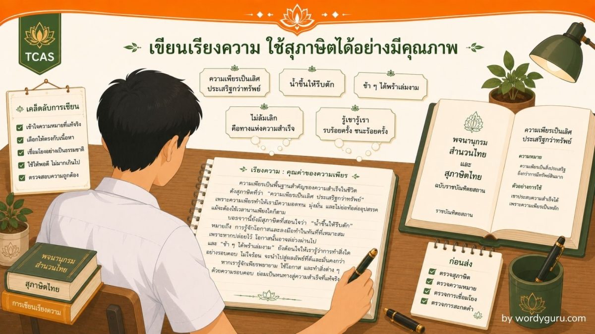 แต่งประโยคจากสุภาษิต 20 ตัวอย่างพร้อมเทคนิคเขียนเรียงความ TCAS A-Level สำหรับ ม.ปลาย และครูภาษาไทย - Wordy Guru
