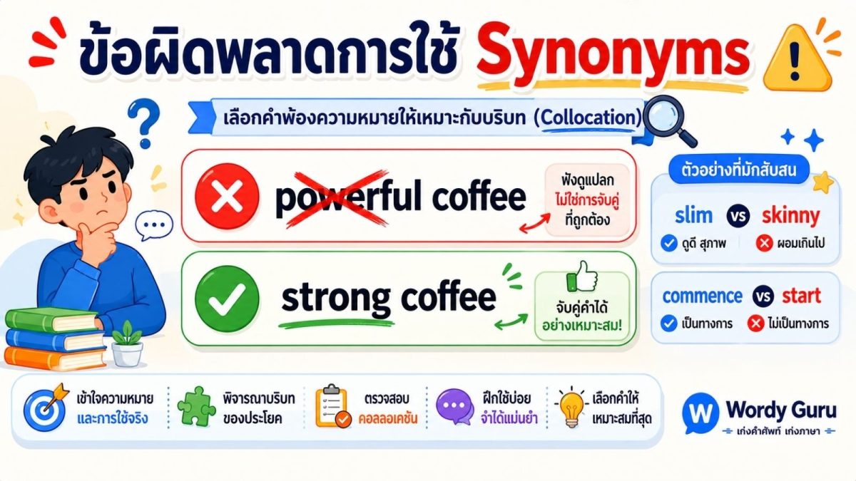 แบนเนอร์ข้อผิดพลาดการใช้คำพ้องความหมายภาษาอังกฤษ แสดงตัวอย่าง powerful coffee ที่ผิดและ strong coffee ที่ถูก พร้อมคำเตือนเรื่อง collocation และน้ำเสียง