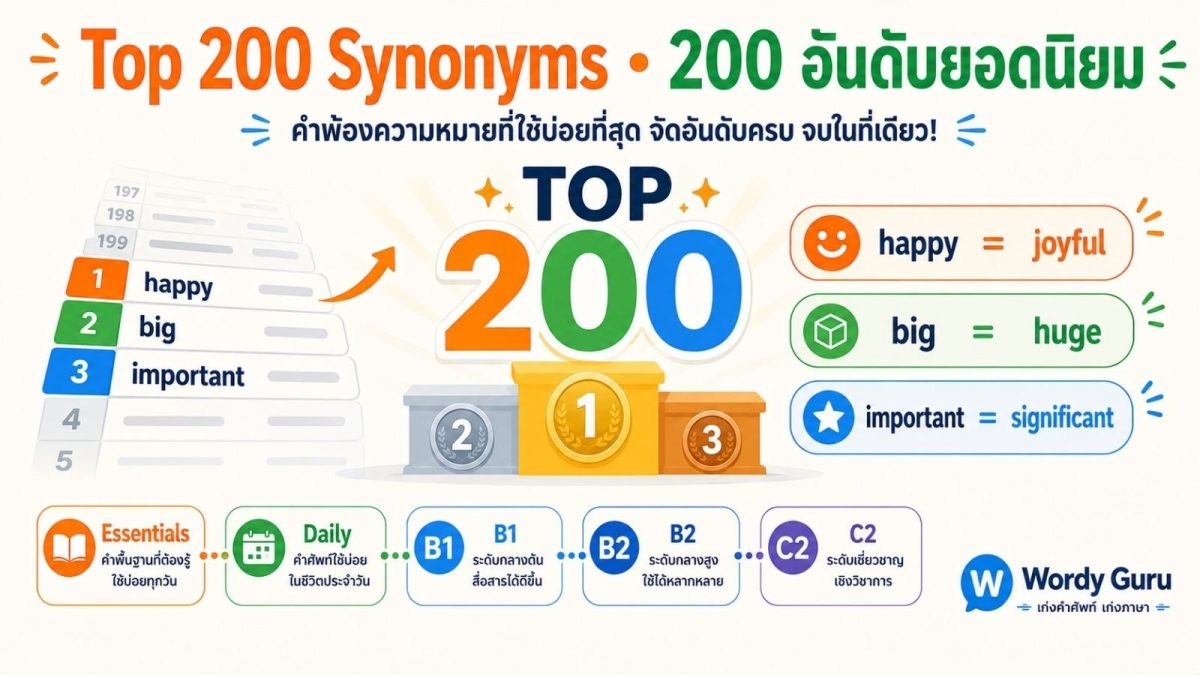 แบนเนอร์ 200 อันดับคำพ้องความหมายภาษาอังกฤษยอดนิยม Top 200 Synonyms จัดอันดับ 5 ระดับพร้อมคำแปลไทย