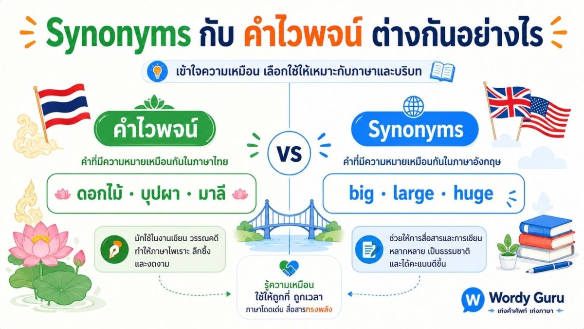 แบนเนอร์เปรียบเทียบ Synonyms ภาษาอังกฤษกับคำไวพจน์ภาษาไทย แสดงคำไวพจน์เชิงกวี ดอกไม้ บุปผา มาลี เทียบกับ synonyms อังกฤษ big large huge พร้อมสัญลักษณ์สองภาษา