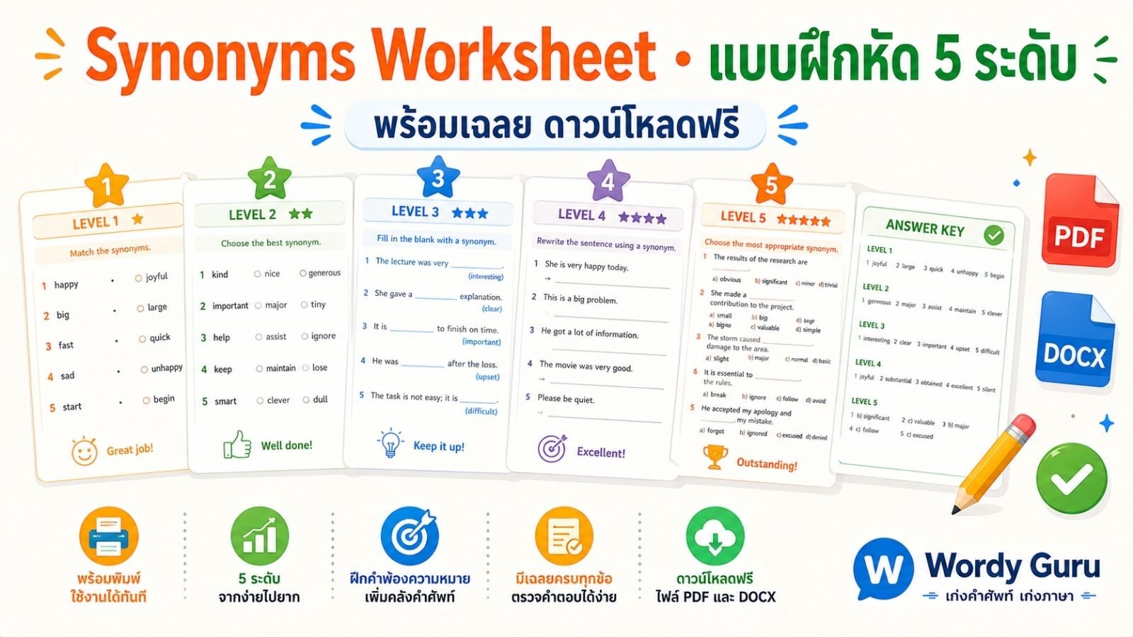 แบบฝึกหัดคำพ้องความหมายภาษาอังกฤษ 5 ระดับ พร้อมเฉลย ดาวน์โหลดฟรี
