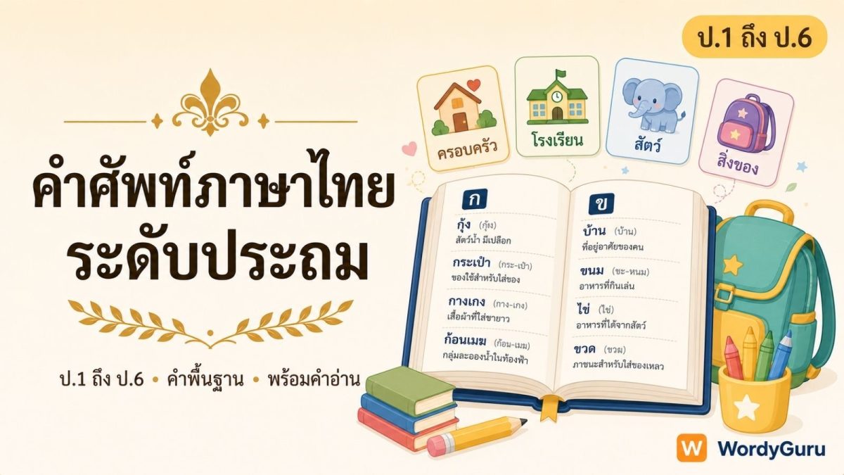 ภาพปกคำศัพท์ภาษาไทยระดับประถม ป.1 ถึง ป.6 พร้อมความหมายและคำอ่าน สไตล์การ์ดความรู้พื้นหลังกระดาษ สไตล์ WordyGuru