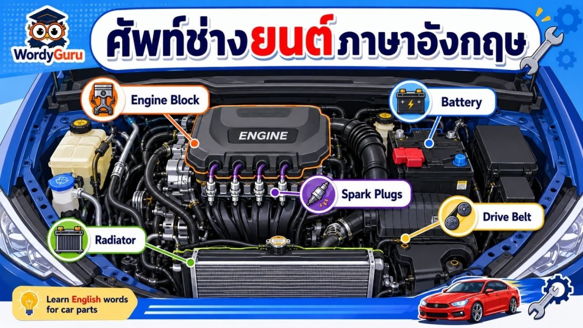 ศัพท์ช่างยนต์ เครื่องยนต์ แบตเตอรี่ หม้อน้ำ และหัวเทียน ในห้องเครื่องรถยนต์ พร้อมป้ายชื่อภาษาอังกฤษ