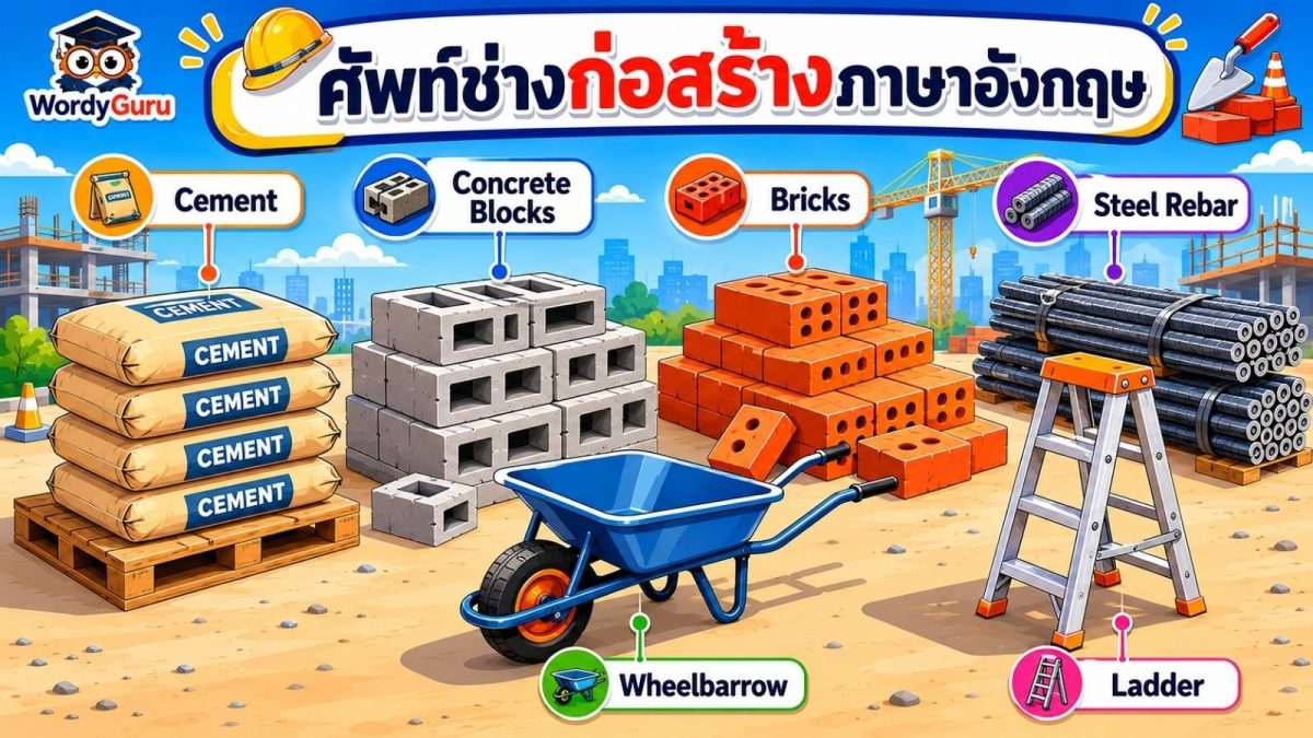 ศัพท์ช่างก่อสร้าง ปูนซีเมนต์ อิฐ เหล็กเส้น และเครื่องมือหน้างาน วางในไซต์ก่อสร้าง พร้อมป้ายชื่อภาษาอังกฤษ