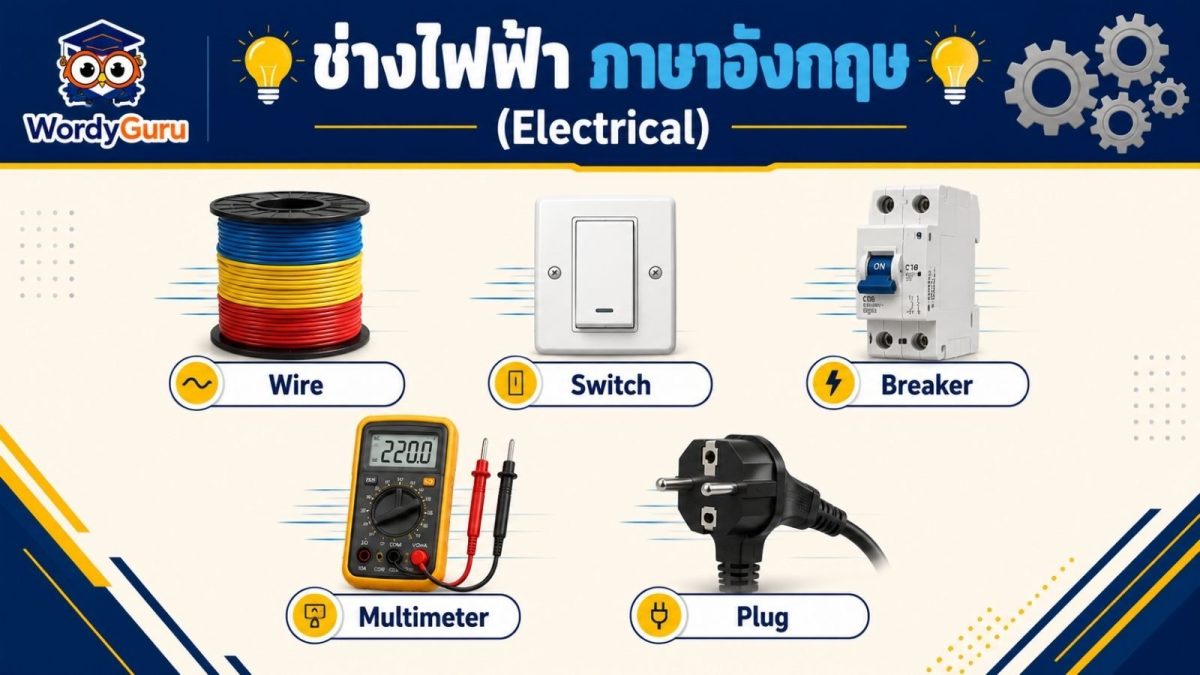 อินโฟกราฟิกศัพท์ช่างไฟฟ้าภาษาอังกฤษ ไอคอนสายไฟ สวิตช์ ปลั๊ก เบรกเกอร์ หม้อแปลง และมัลติมิเตอร์ พร้อมคำเรียกภาษาอังกฤษ