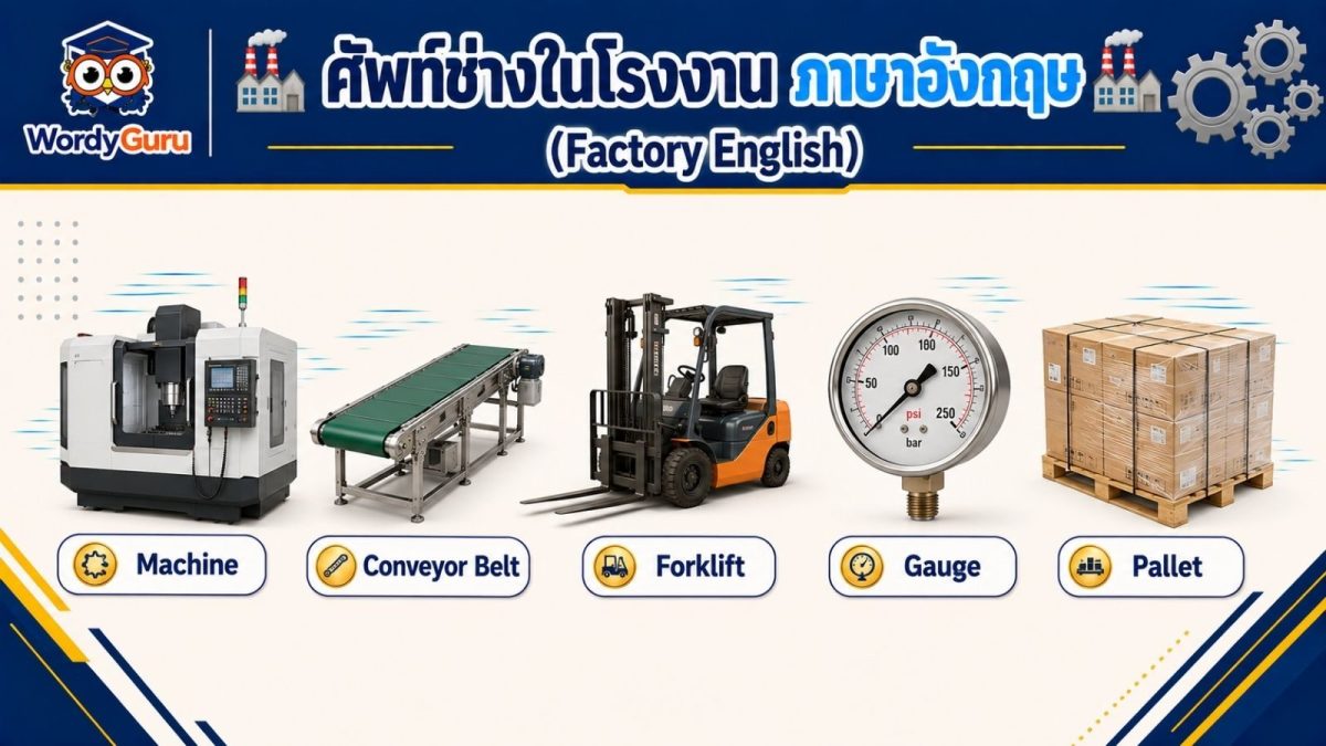 อินโฟกราฟิกศัพท์ช่างในโรงงานภาษาอังกฤษ ไอคอนเครื่องจักร สายพานลำเลียง รถยก และเกจวัด พร้อมคำเรียกภาษาอังกฤษ