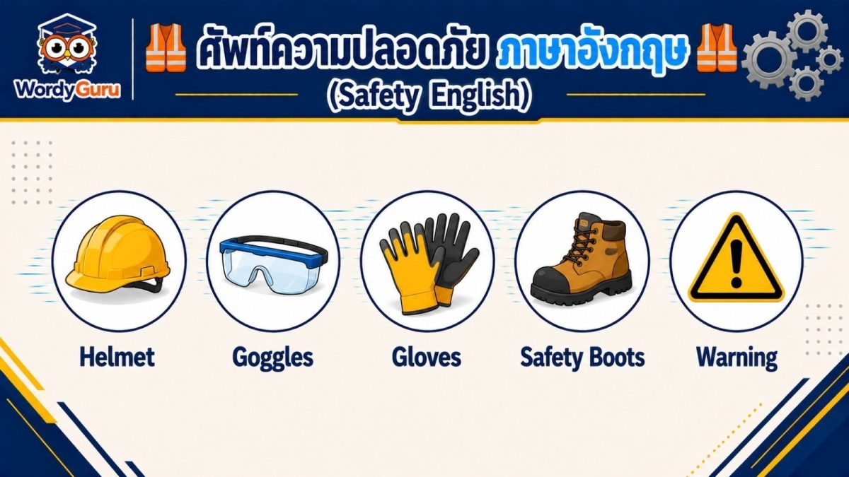 อินโฟกราฟิกศัพท์ความปลอดภัยในงานช่างภาษาอังกฤษ ไอคอนหมวกนิรภัย แว่นตา ถุงมือ และป้ายเตือน พร้อมคำเรียกภาษาอังกฤษ