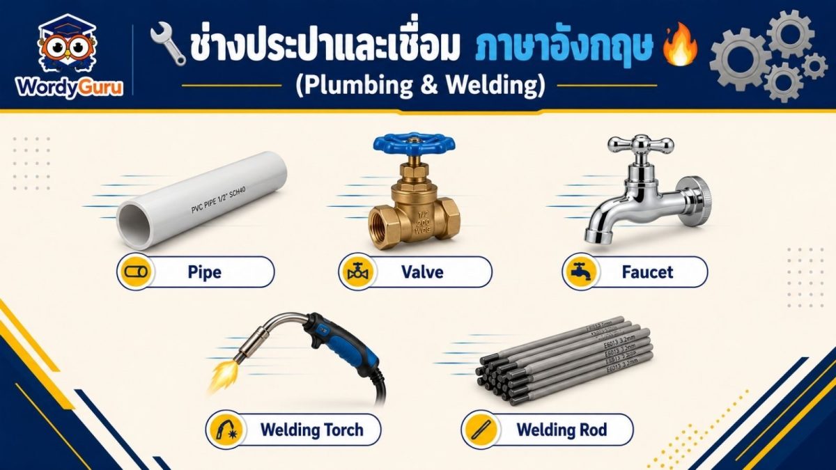 อินโฟกราฟิกศัพท์ช่างประปาและงานเชื่อมภาษาอังกฤษ ไอคอนท่อ วาล์ว ก๊อกน้ำ หัวเชื่อม และลวดเชื่อม พร้อมคำเรียกภาษาอังกฤษ