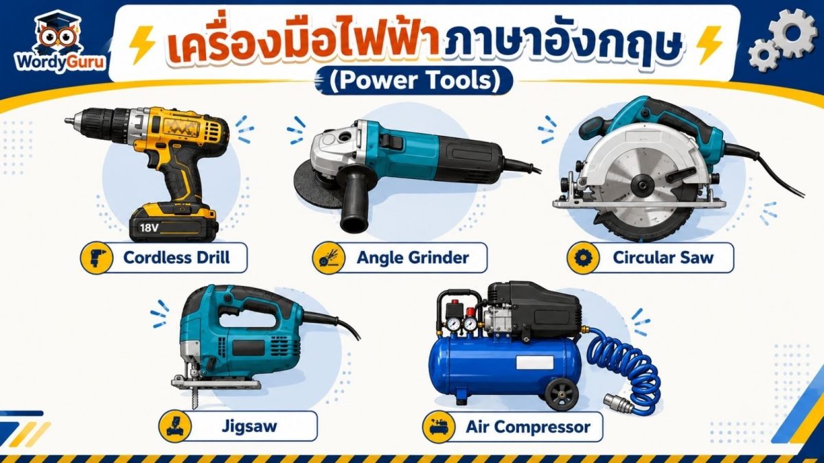 เครื่องมือไฟฟ้าช่าง สว่าน เครื่องเจียร เลื่อยวงเดือน และปั๊มลม วางบนโต๊ะทำงาน พร้อมป้ายชื่อภาษาอังกฤษ