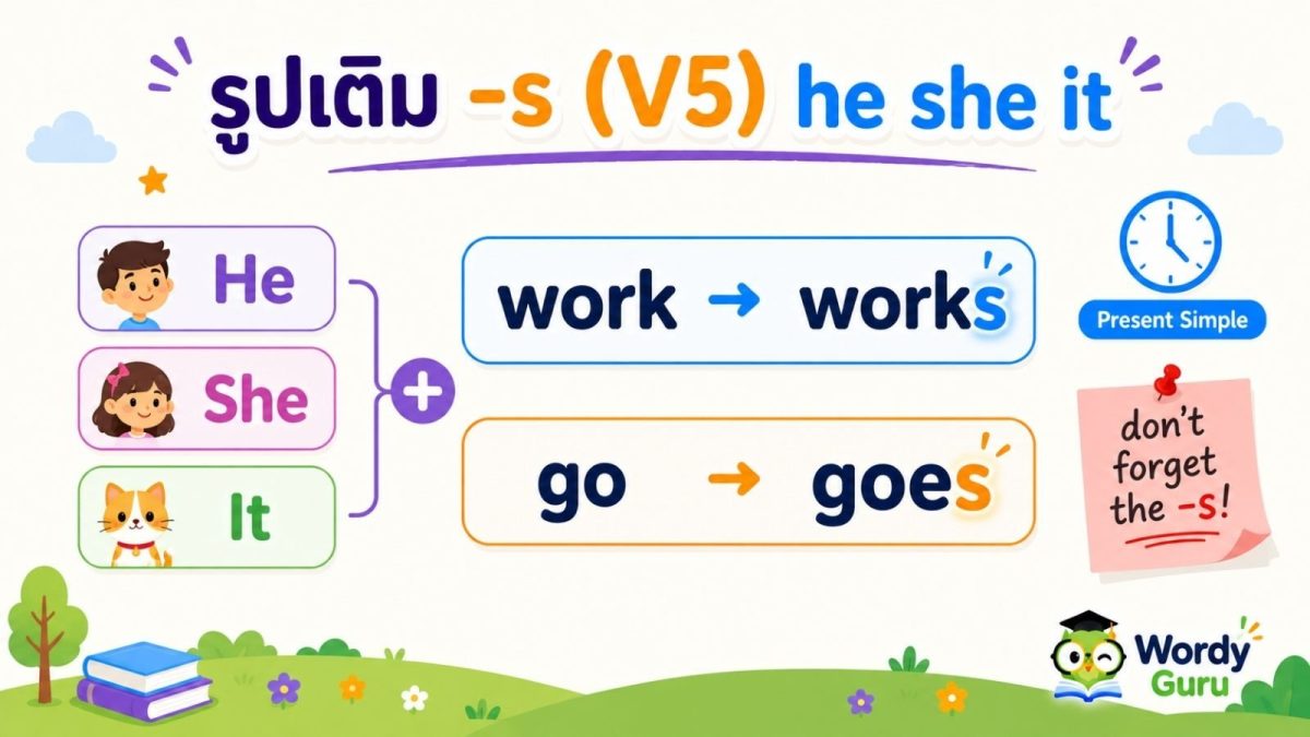 แบนเนอร์รูปเติม -s (V5) ของคำกริยาภาษาอังกฤษ แสดงประธาน he she it เติม -s ที่กริยา เช่น work เป็น works และ go เป็น goes ใน present simple