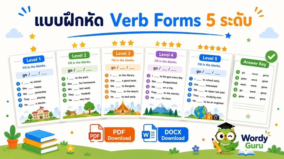 แบนเนอร์แบบฝึกหัดรูปคำกริยาภาษาอังกฤษ Verb Forms 5 ระดับ พร้อมเฉลย แสดงใบงาน 5 ระดับดาวและไฟล์เฉลย พร้อมปุ่มดาวน์โหลด PDF และ DOCX