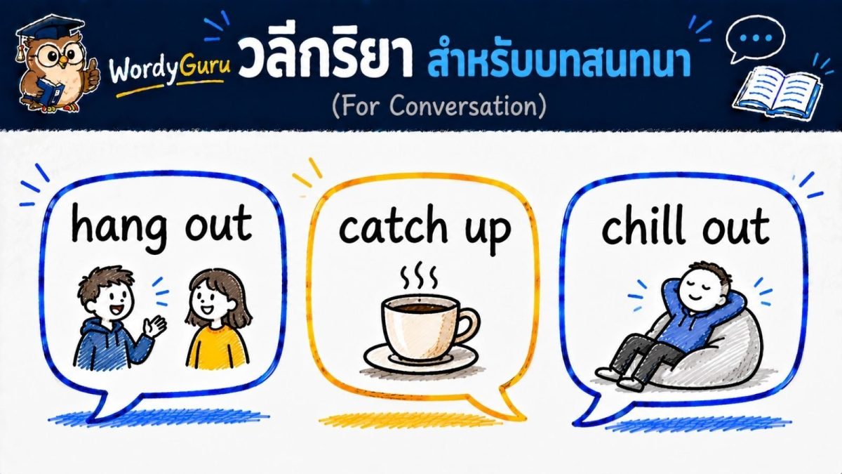 ภาพปกวลีกริยาภาษาอังกฤษสำหรับบทสนทนา phrasal verbs for conversation สไตล์ไวต์บอร์ดวาดมือ สไตล์ WordyGuru