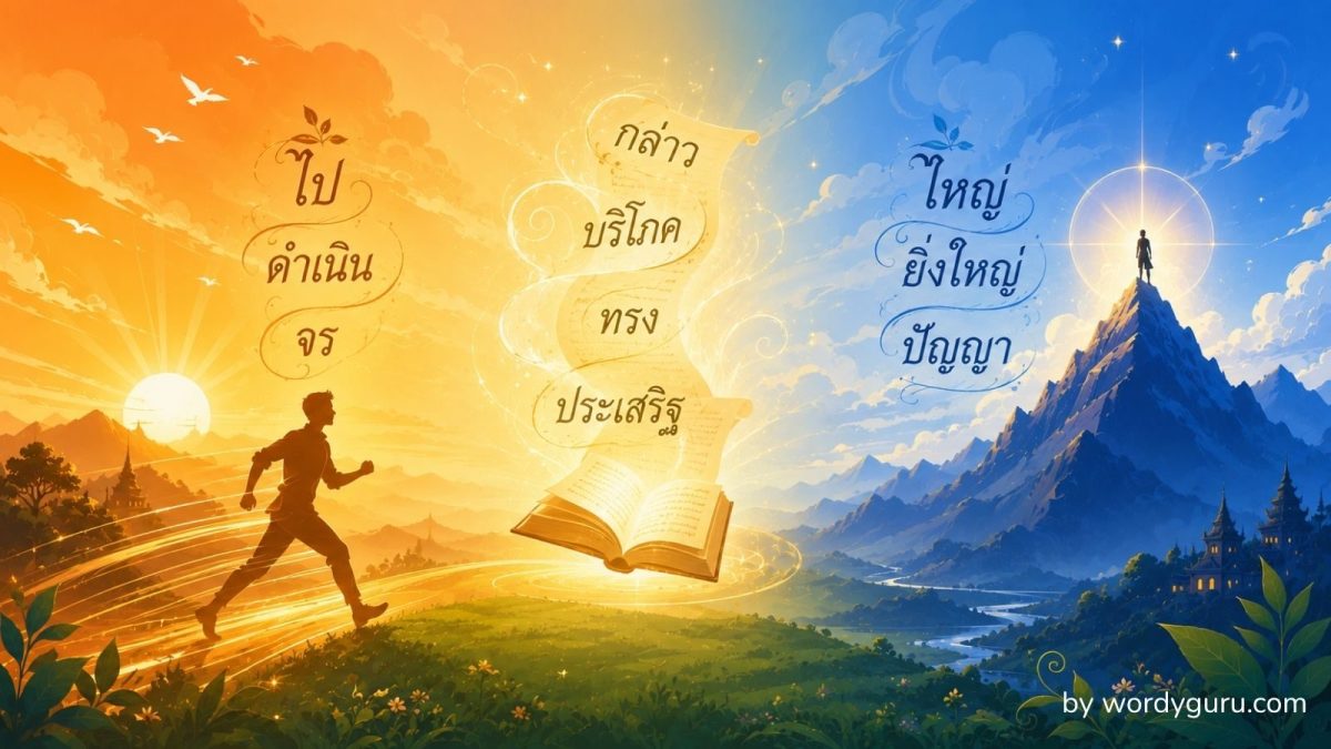 ภาพหลักหมวดคำไวพจน์ การกระทำ-คุณสมบัติ ฉากผู้คนเดินทางสู่ปัญญาในรูปแบบ flat-design