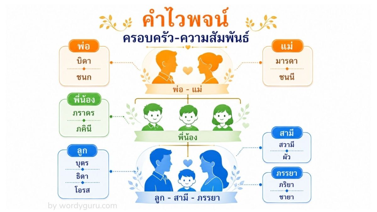 ภาพหลักหมวดคำไวพจน์ ครอบครัว-ความสัมพันธ์ ภาพครอบครัวไทยสามรุ่นในรูปแบบ flat-design