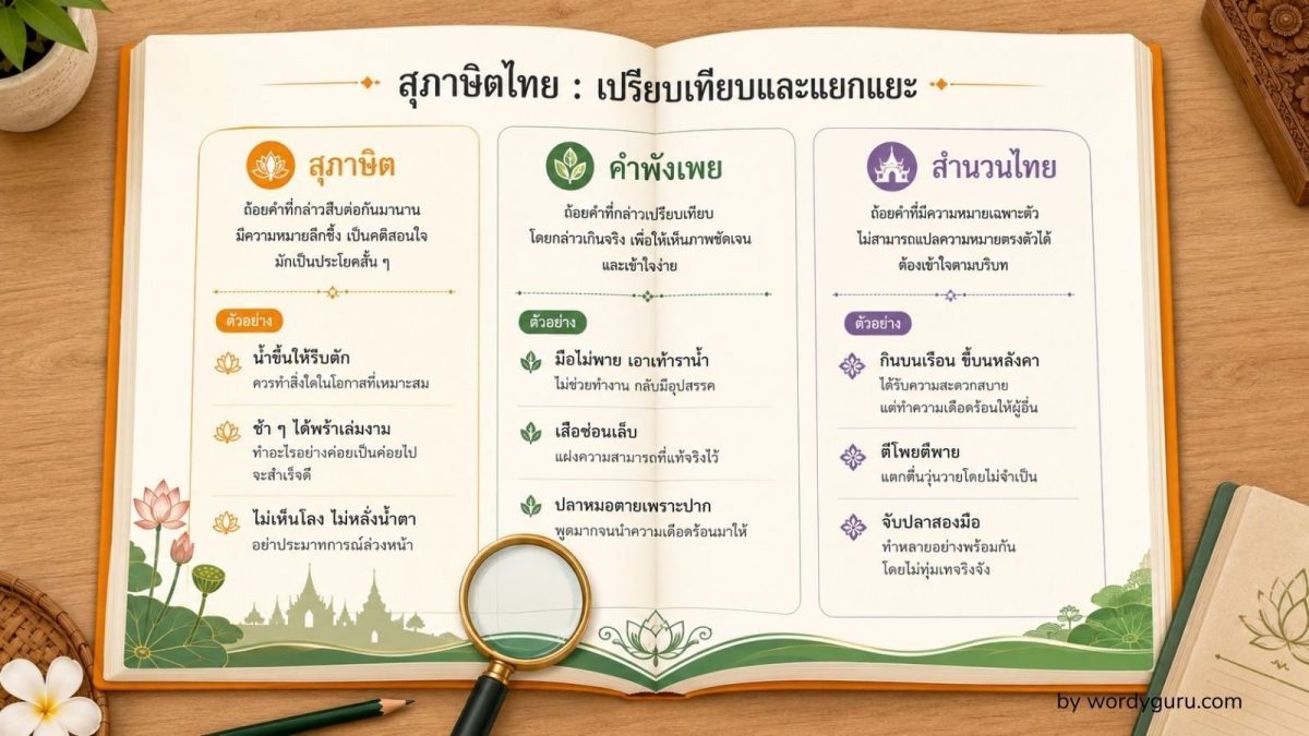 คู่มือแยกแยะสุภาษิต คำพังเพย และสำนวนไทย - ตำราภาษาไทยพร้อมตารางเปรียบเทียบ 5 เกณฑ์ และ 30 ตัวอย่าง - Wordy Guru